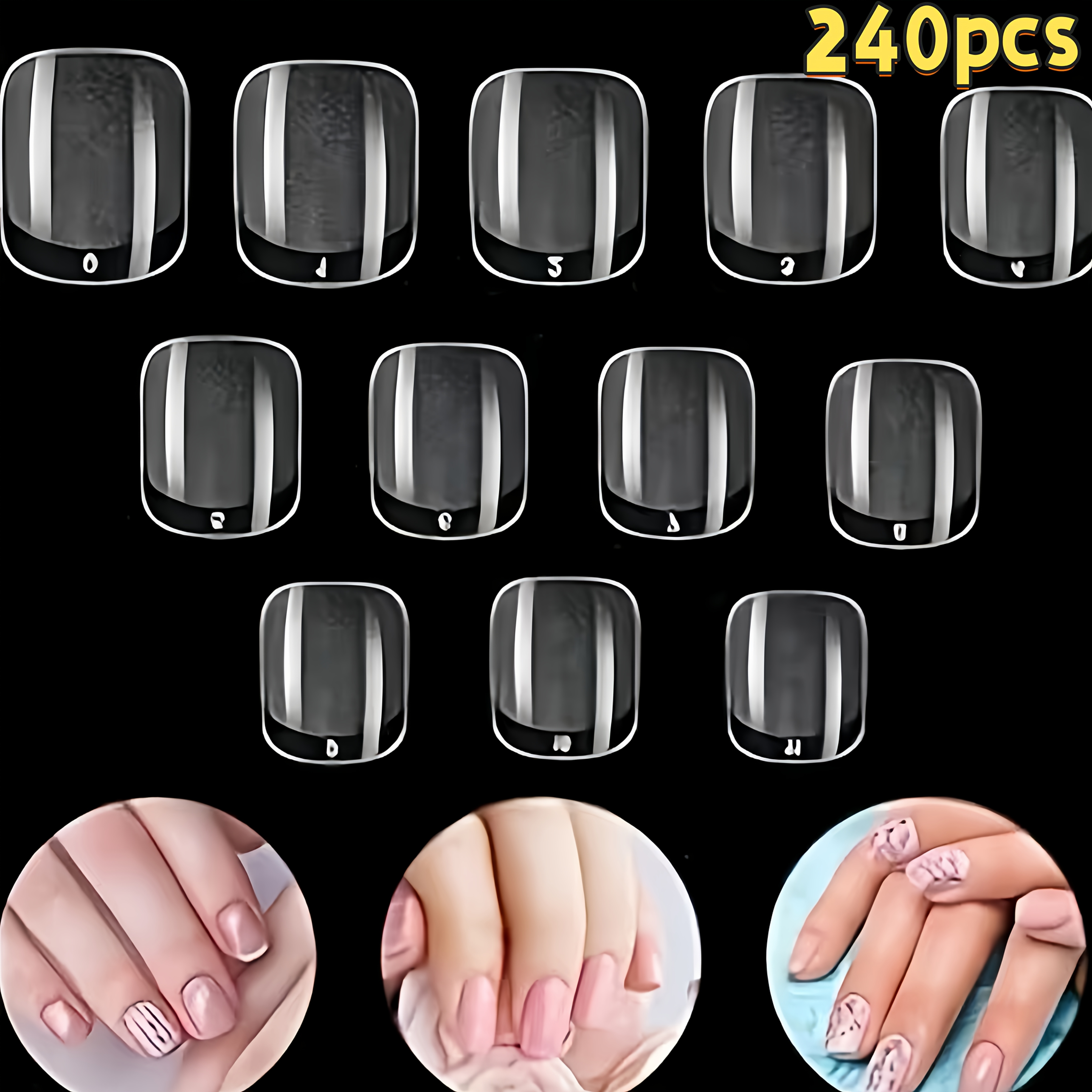 TEMU 24/72/144/216/240pcs Transparent Short Square/acrylic Nail Tips - 12pcs Sizes, Semi-matte, Full Coverage False Nails Suitable For Beginners And