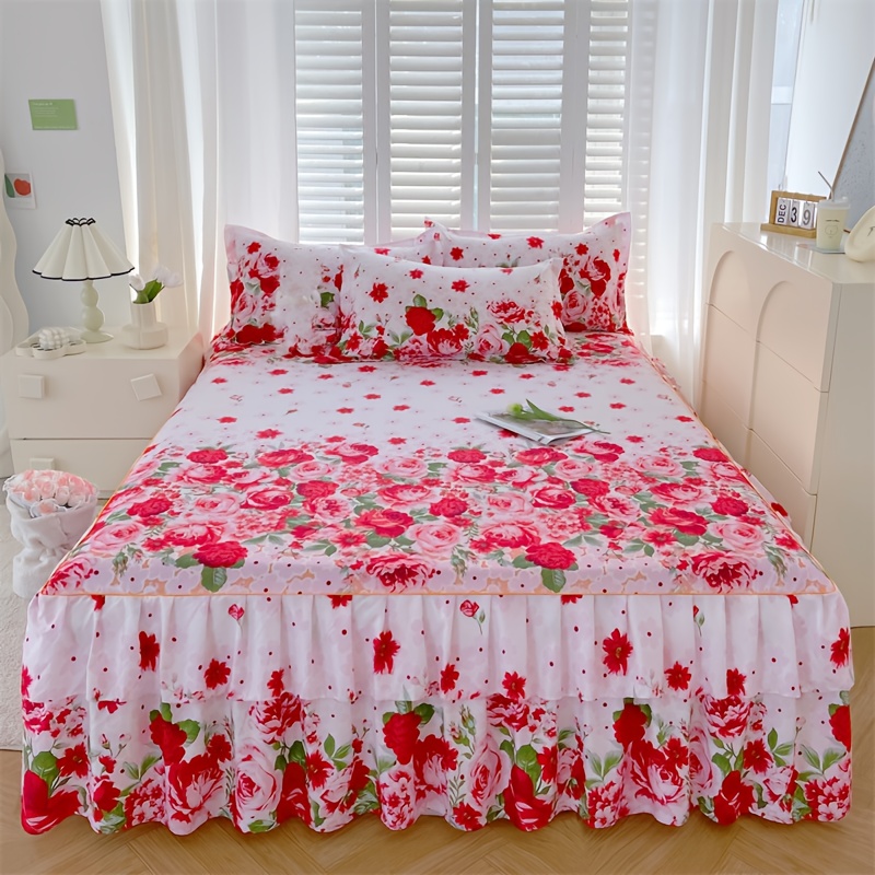 TEMU 3pcs Bed Skirt Set With 2 Pillowcases - Full Bed Size (single/double/king/queen) Lace Trim Mattress Protector, 360° Anti-slip Bedspread, Soft