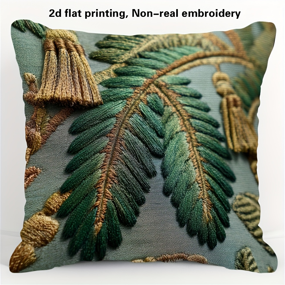 TEMU 1 de Cojín Tropical con Hoja - Estampado Cara en Verde y Helecho Dorado, Cierre tipo Zipper, Poliéster No Lujo para Sofá, Cama o Silla –