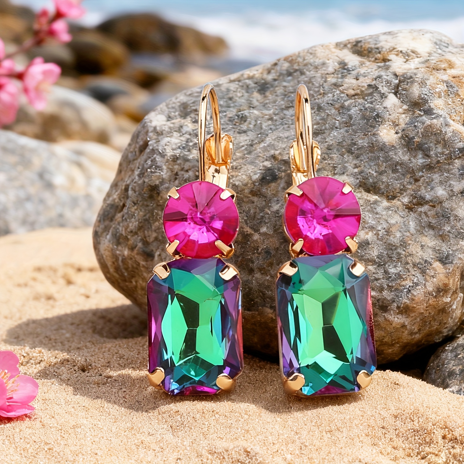 TEMU A Pair Of Drop Earrings Featuring Hand-welded Round Open-claw Settings With Rectangular Open-claw Hand-set Rhinestone Accents