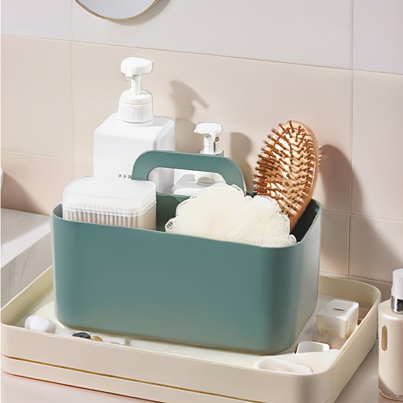 portable cosmetic organizer with handle beige or teal lightweight bathroom storage box open   for vanity makeup kitchen desk durable plastic construction space saving organizer basket bathroom organizers and storage kitchen organization easytoclean material busy professionals Product details 1