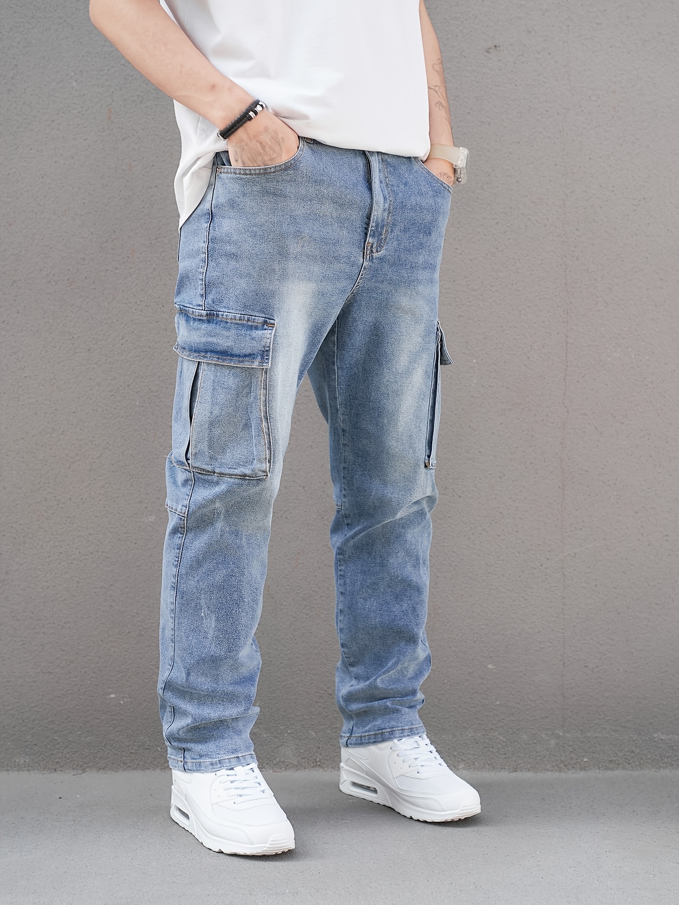 Men'S Plus Size Casual Cargo Jeans - Stretch Denim, Solid Color with Pockets, Slim Fit, Washed Blue Finish for Fall/Winter, Casual Wear Jeans|Slim Fit Jeans|Stylish Casualwear