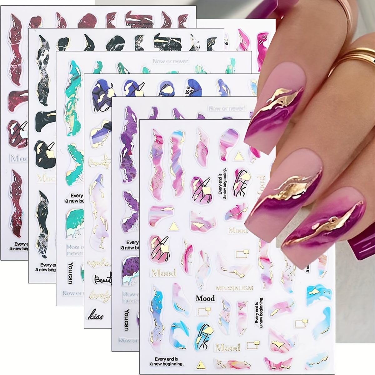 Image of 6 Sheets Marble Nail Stickers Nail Foils Transfer Nail Art 3d Self-adhesive Bronzing Golden Silvery Decals Design Foil Luxury Supplies For Women Acrylic Diy Tips Manicure Stickers