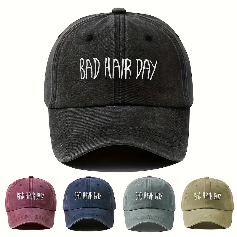 

1pc Bad Hair Day Men's Washed Baseball Cap, Adjustable Polyester Hat With Embroidered Lettering For Outdoor Activities