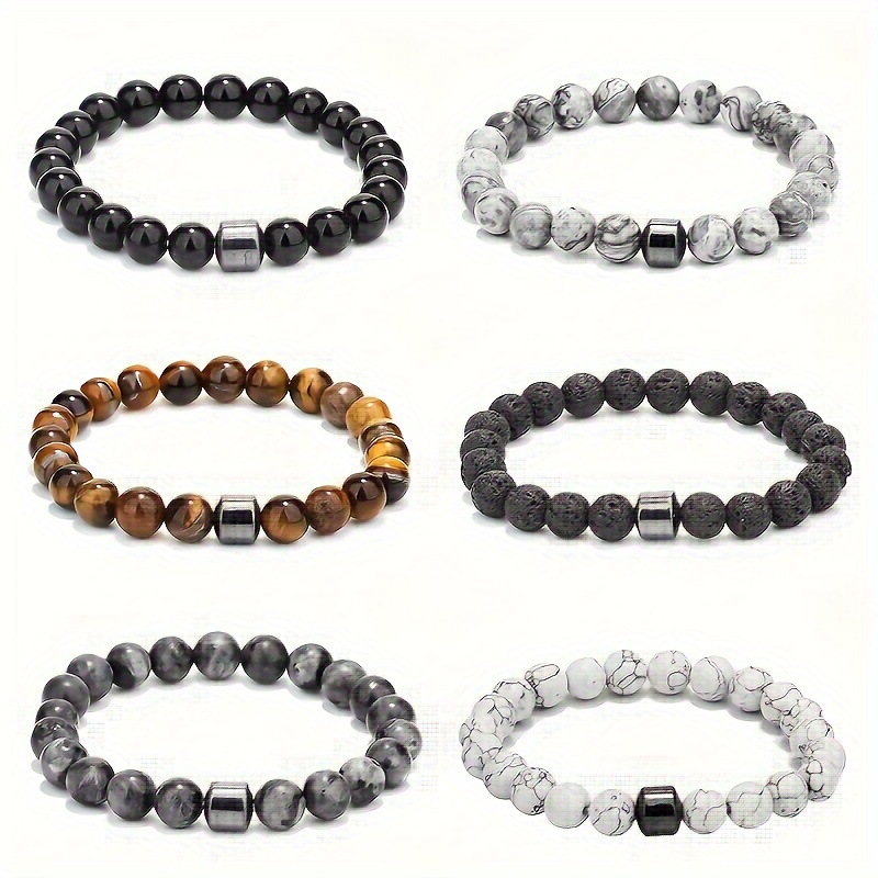 

6pcs/set Hematite Tiger Eye Lava Natural Stone Bead Bracelet For Men And Women