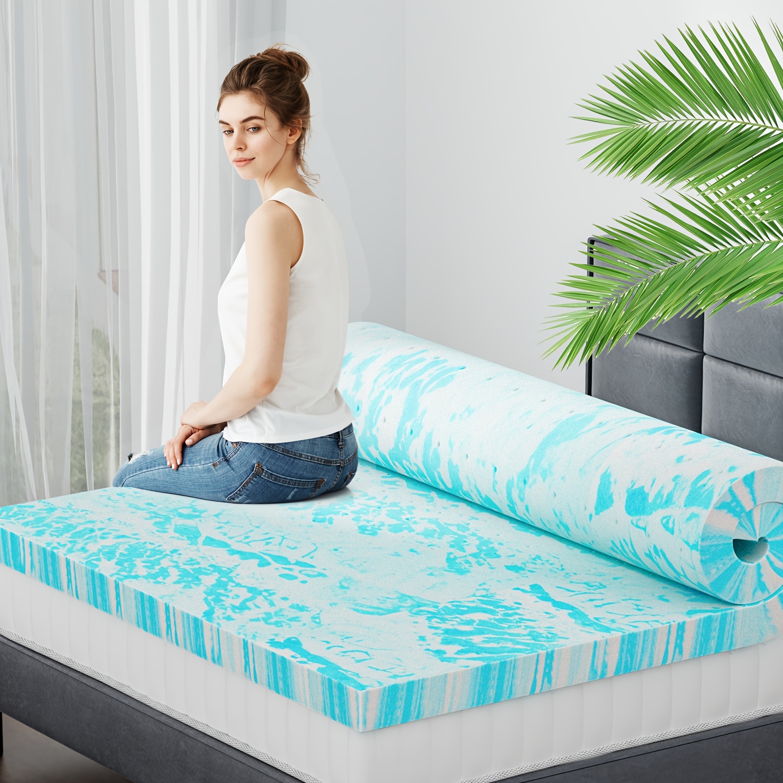 

2/3 Inch Gel-infused Memory Foam Mattress Topper - Soft, Comfortable Blue And White Patterned Bed Pad For Rv, Camper, Sleeper Sofa - Easy Clean, Non-waterproof, No Power Needed,