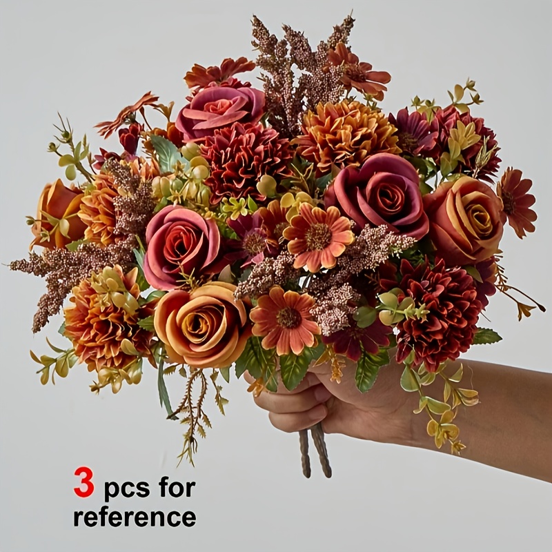 3pcs Lifelike Artificial Daisy Peony Bouquet, With Hydrangea Accents - Rich And Elegant , Suitable For Home, Wedding Outdoor Faux Flowers, Halloween, Thanksgiving, Christmas Decorations