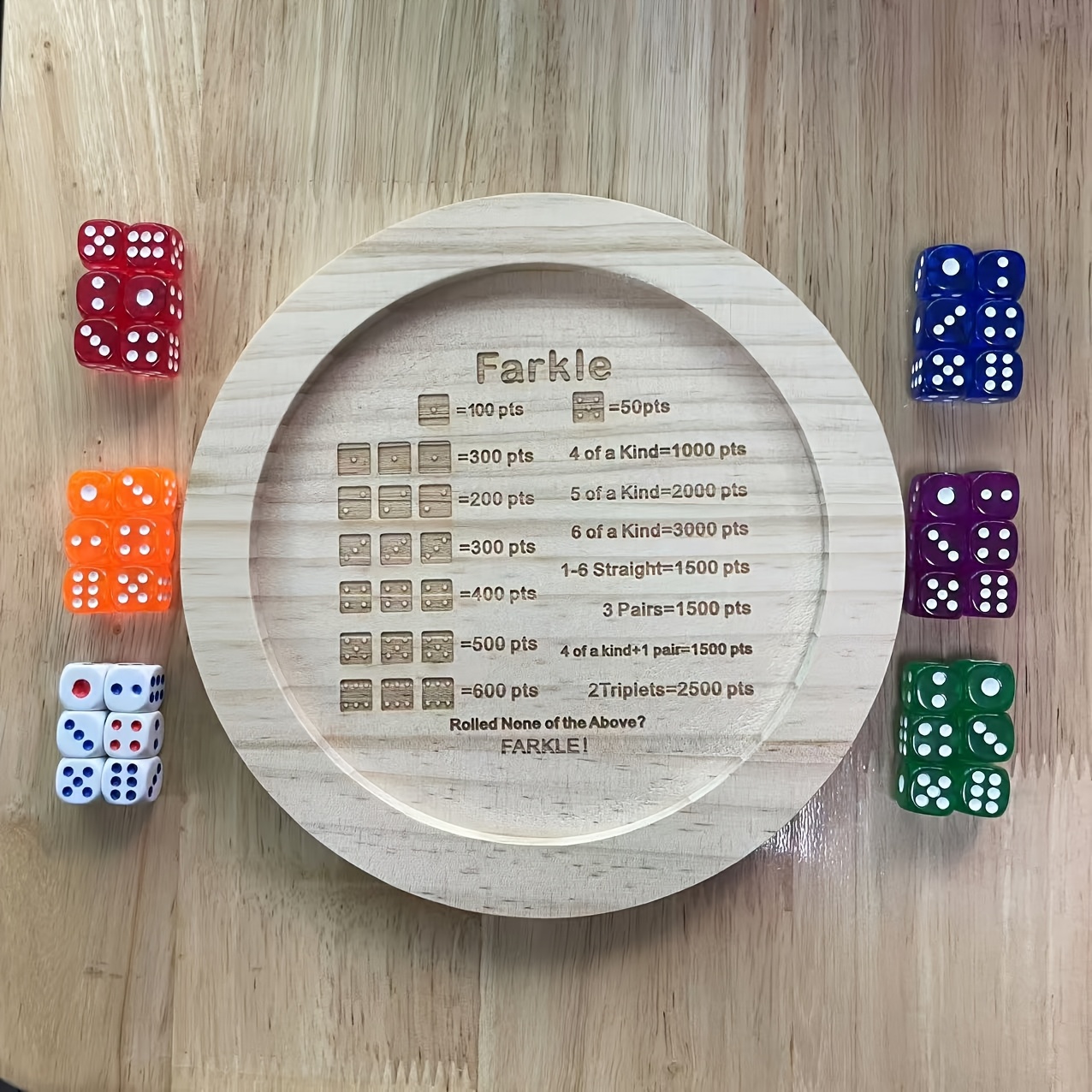 

A Set Of High-quality Timber Solid Wood Pine Farkle Dice Tray With Matching 6 Dices - The For Game Enthusiasts - 6 Colors Of Dice For You From