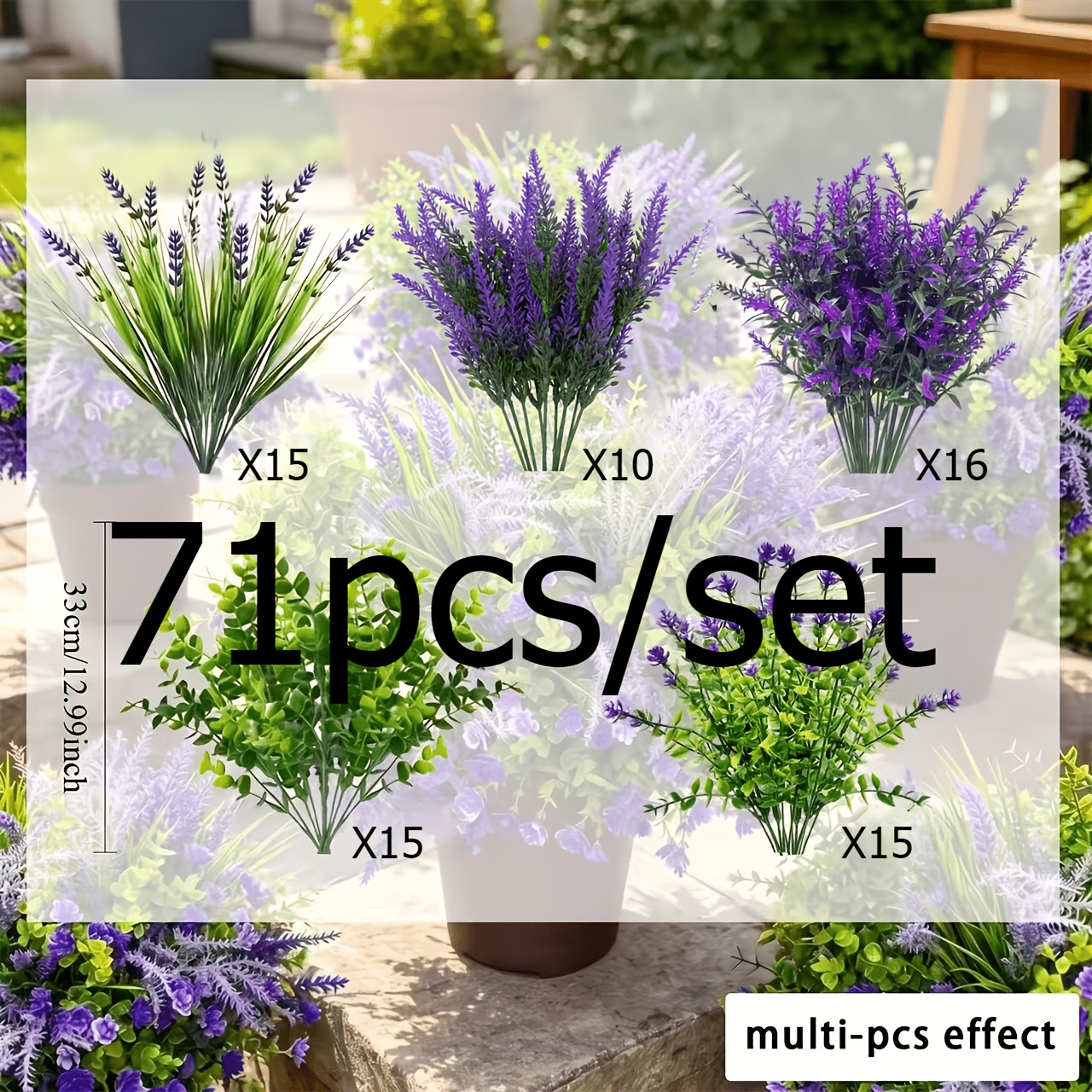 TEMU Set da 71 pezzi di piante finte da esterno, combinazione di fiori artificiali e arbusti con lavanda, di cane e rosa - Resistenti ai UV, a di