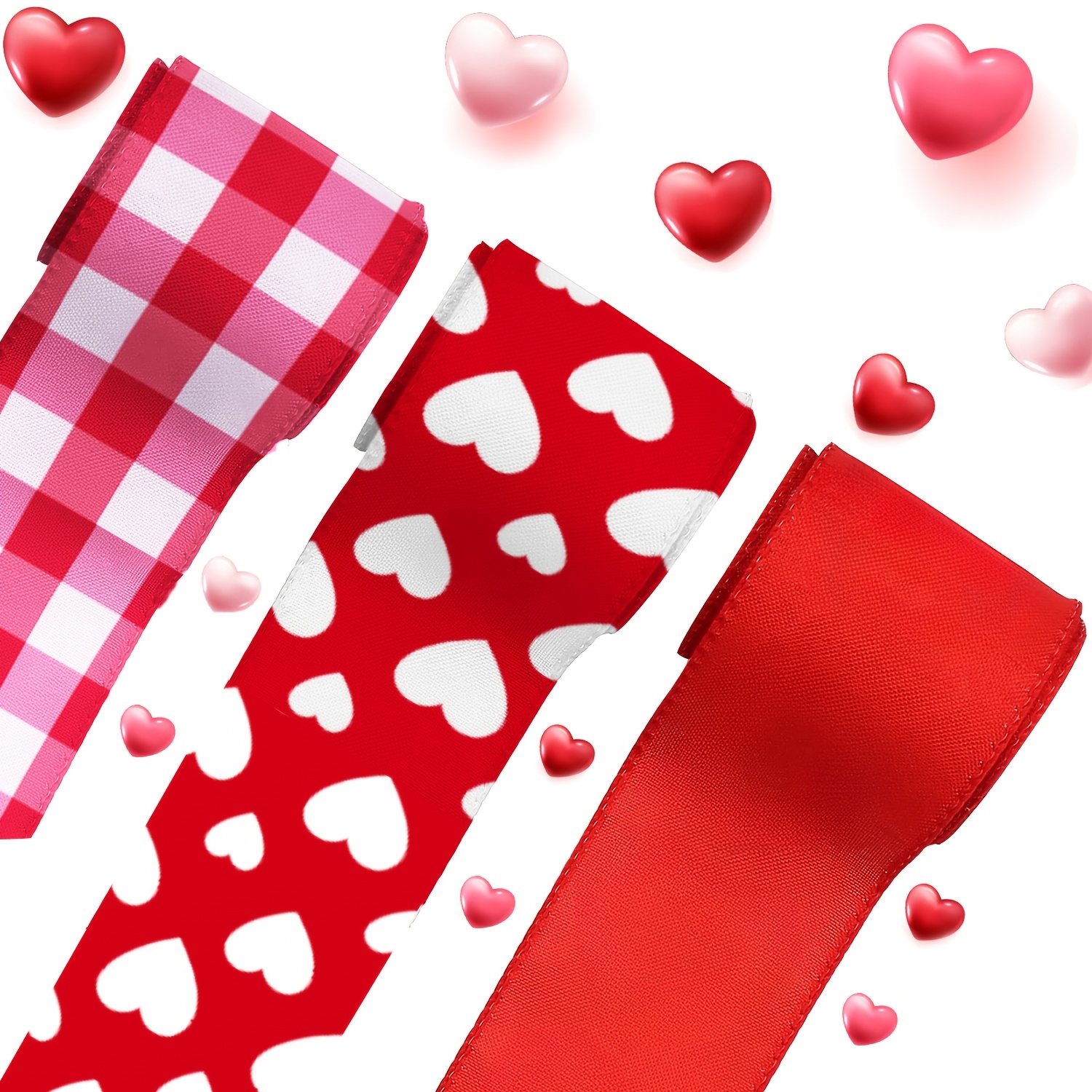 

[3pcs Valentine's Day Ribbon Set] 3pcs Ribbon Set, Heart And Patterns, For Valentine's Day, Anniversary, And Birthday Decorations, With No Electricity Or Batteries Required, Featherless Craft Ribbons