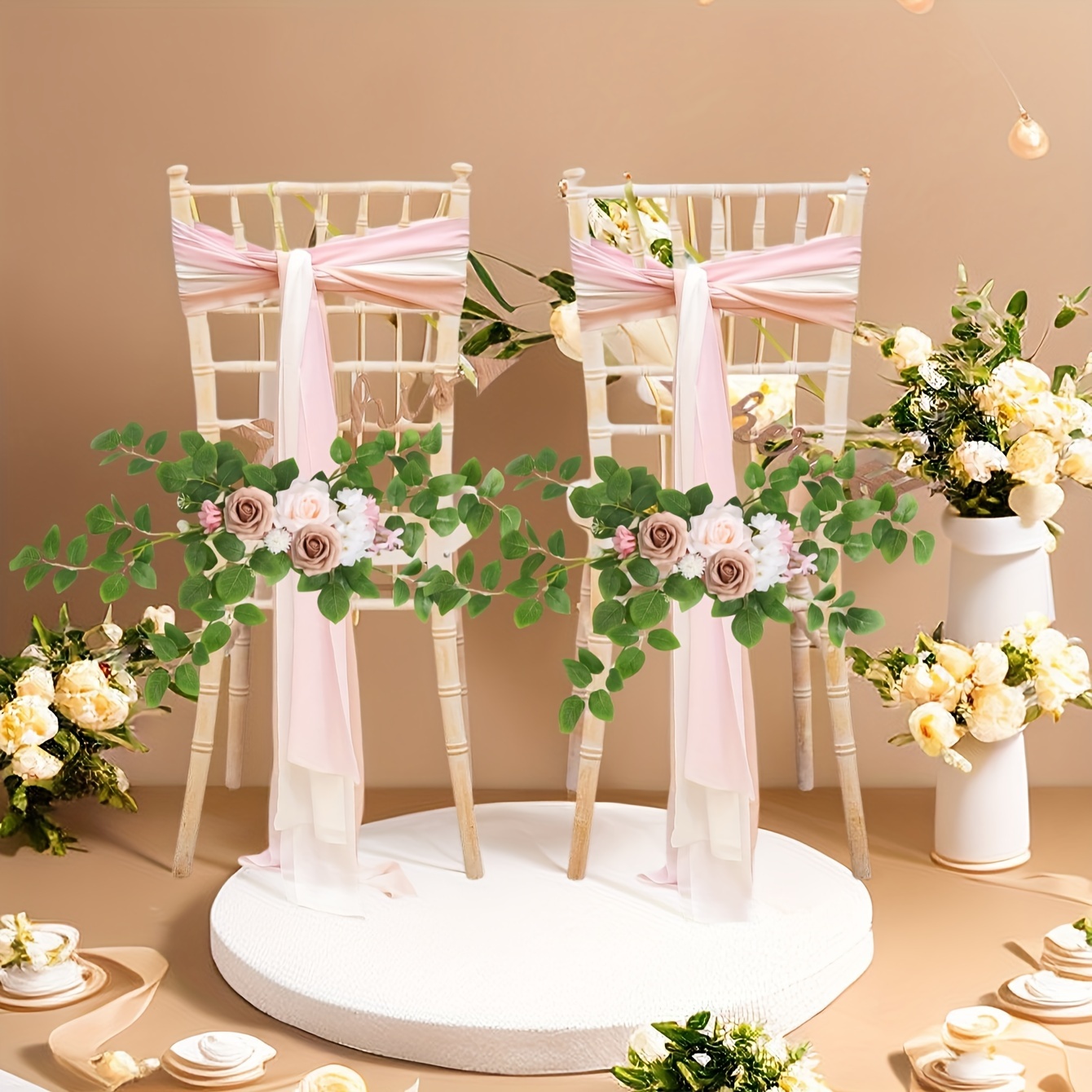 2pcs Wedding Chair Decorations for Bride and Groom,Aisle Marker Artificial  Rose Floral Arrangement Church Pew Chair Arch Decoration Flowers French