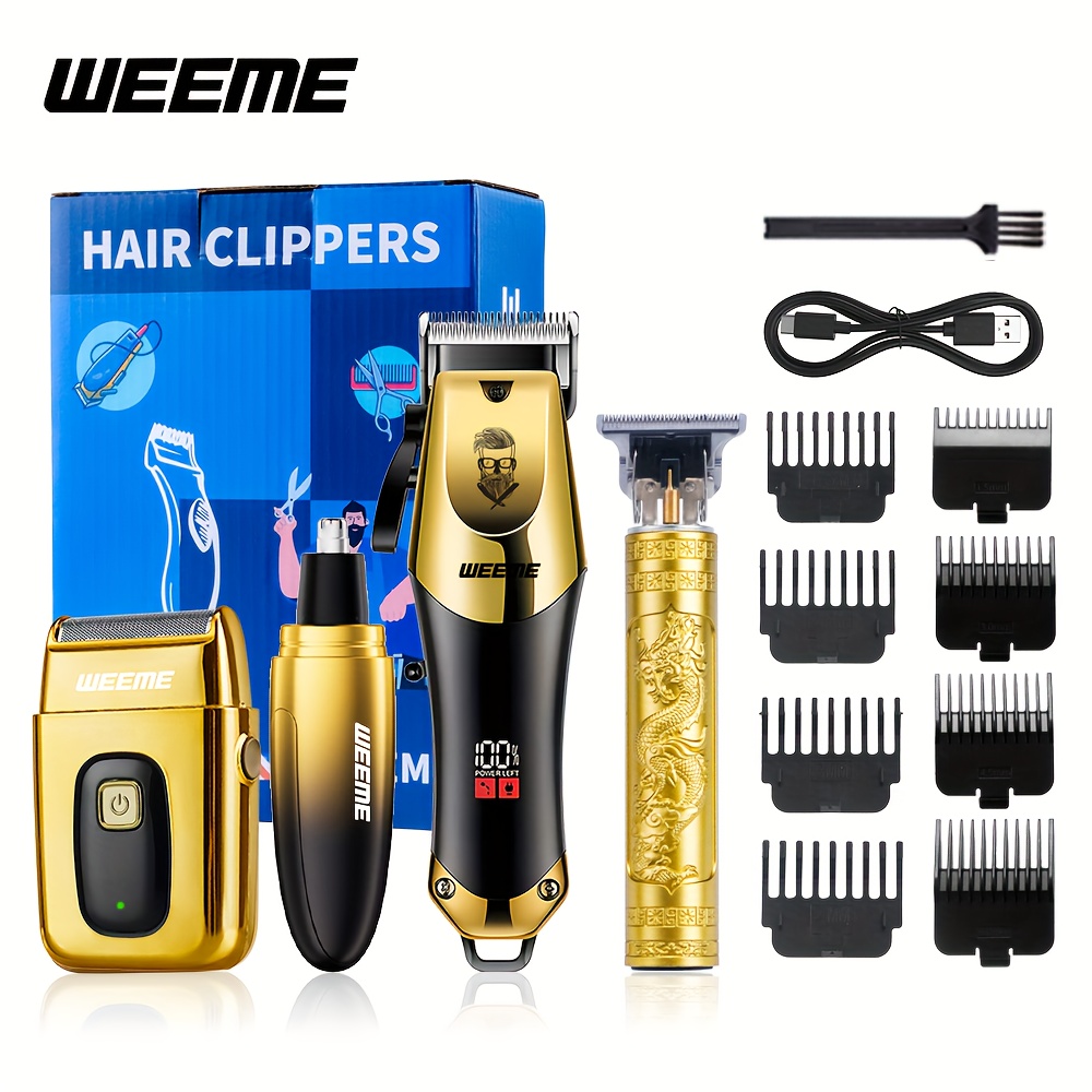 Weeme 4-delige heren gouden elektrische kapper set, huishoudelijke baard bouwset. Elektrische haartrimmer + elektrische scheerapparaat + elektrische neushaartrimmer + fijne trimmer.