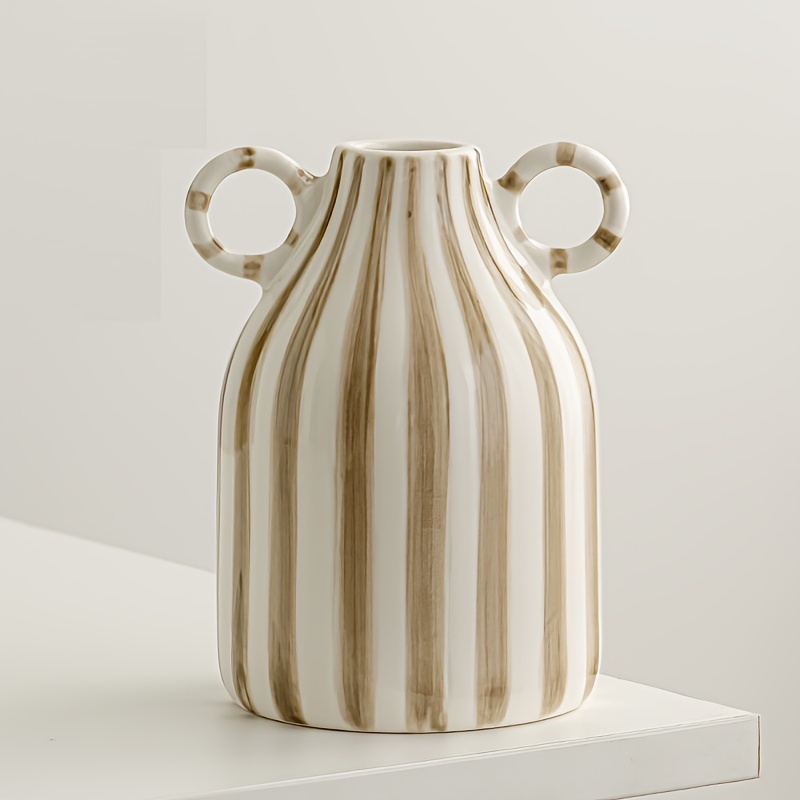 Image of Hand-painted Ceramic Vase With Dual Handles - Striped, Cylinder Room Decor, Earthenware, Decorative Ornaments