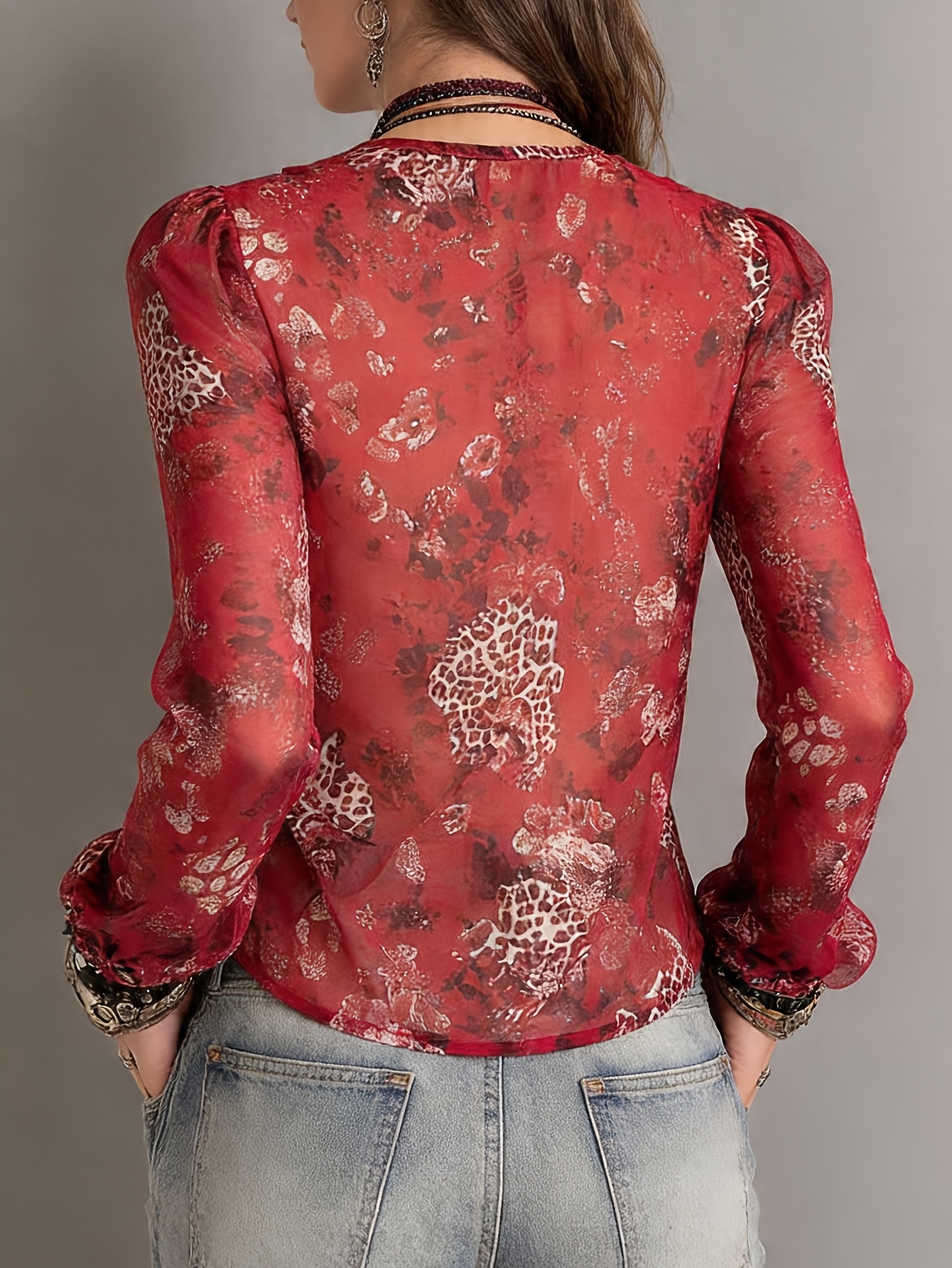 Vintage Red Ruffle Trim Zipper Front Sheer Chiffon Shirt