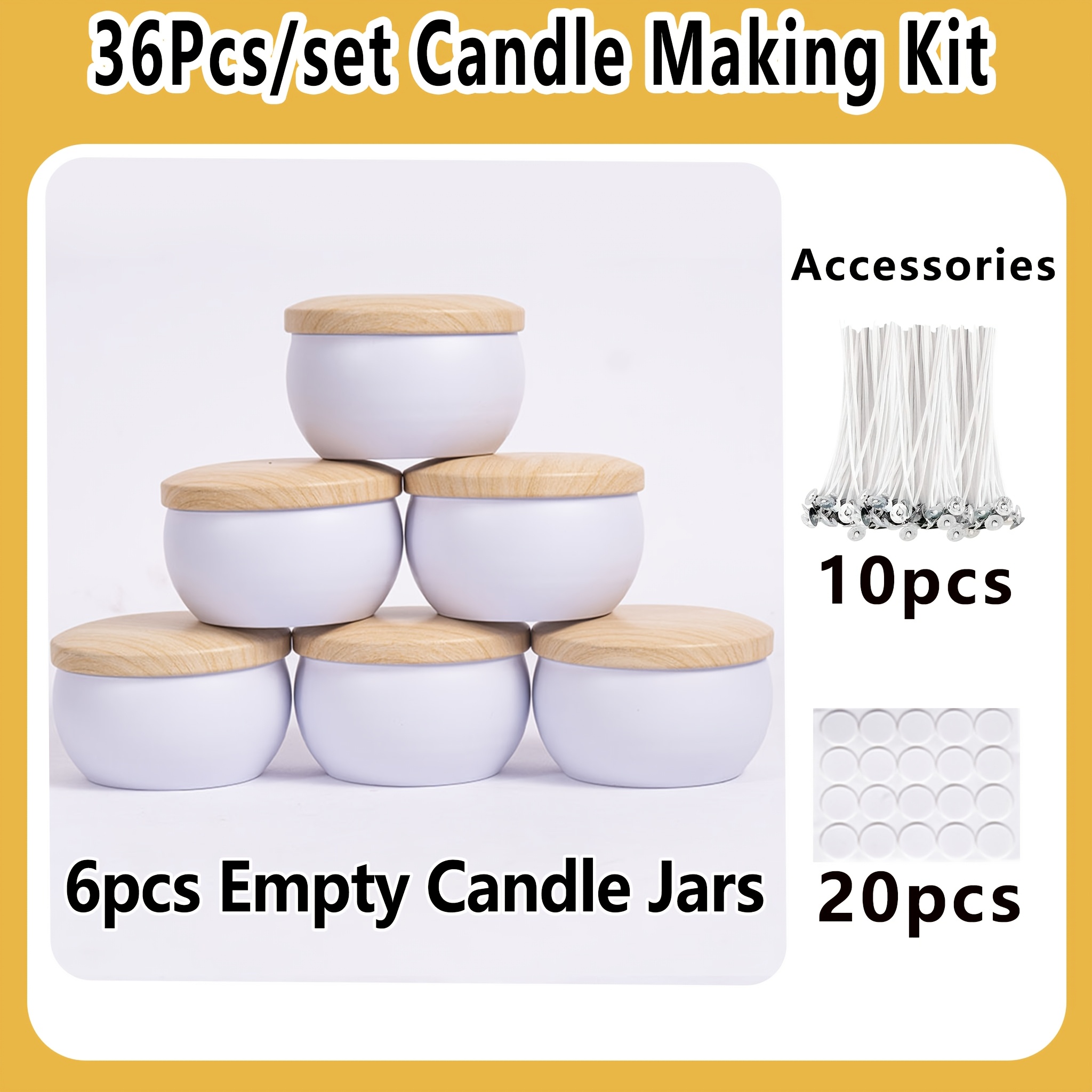TEMU 36pcs/set, White Round Candle Holders And Accessories, Including6 White Candle Jars, 10 Candle Wicks, 20 Polka Dot Stickers, Ideal For Making