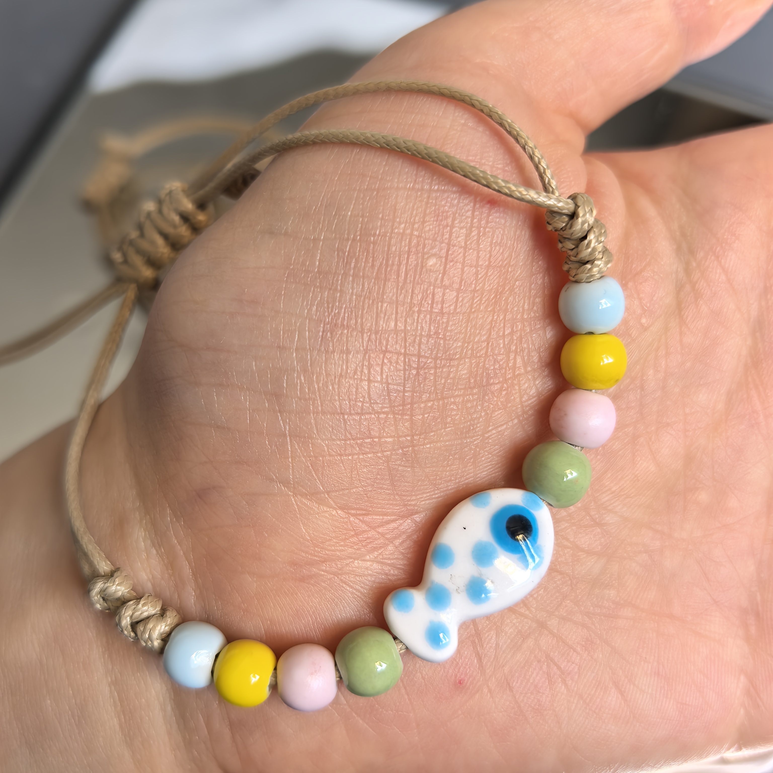 Adjustable Ceramic Fish Charm Bracelet with Colorful Beads