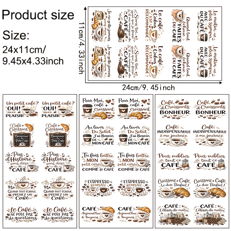 TEMU Lot de 4 papiers transfert sur le thème du café français - Transfert UV DTF vibrant et imperméable, 16 oz, convient pour le bricolage, les