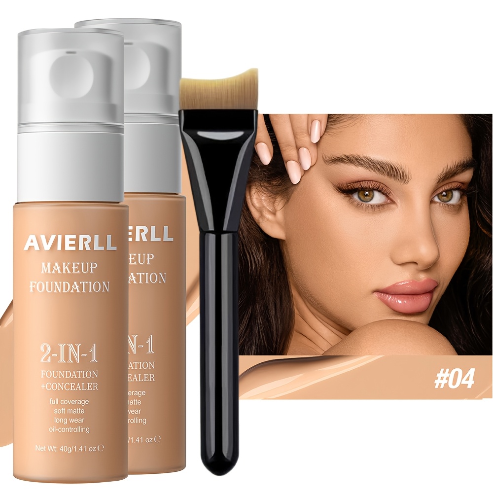 Image of 2pcs 2-in-1 Waterproof Foundation Liquid And Complimentary Makeup Brush - Long-lasting, Super, Perfect Cream Foundation, Moisturizing And Brightening Formula, Suitable For Tones