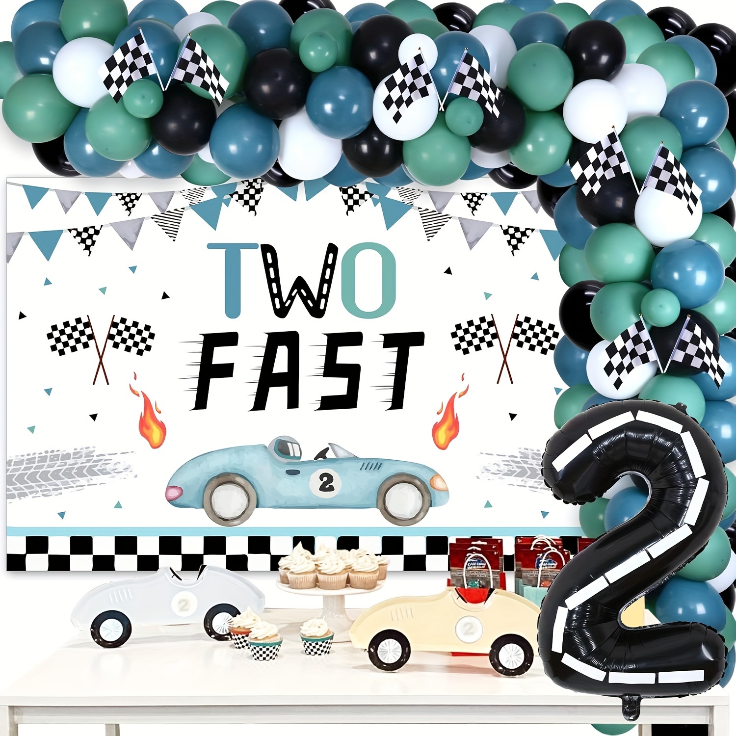 

2 Themed 2nd Birthday Party Decorations Set - Vinyl Backdrop, Paper Racing Flags, Checkered Foil Balloons, Balloon Garland Kit, Birthday Party Supplies Without Electricity