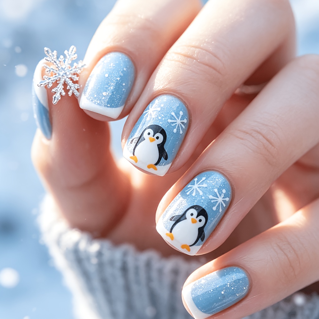 TEMU Blauwe Pinguïn Glanzende Korte Vierkante Vorm, 24 stuks, Kunstnagels, Druk-op Nagelstickers, Y2k Nagels, Gotische Nagelkunst, Nagelset,