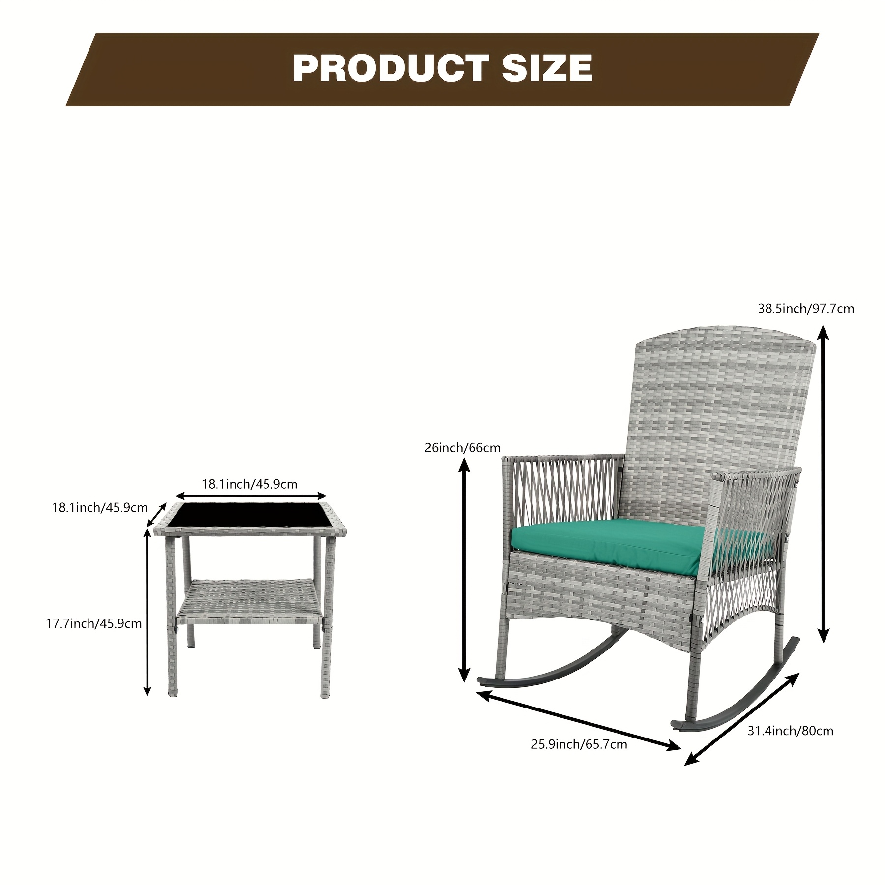 3pcs Outdoor Patio Furniture Set, Outdoor Rocking Chairs Set Of 2, Wicker Furniture With Cushions And Coffee Table For Garden, Balcony, Backyard