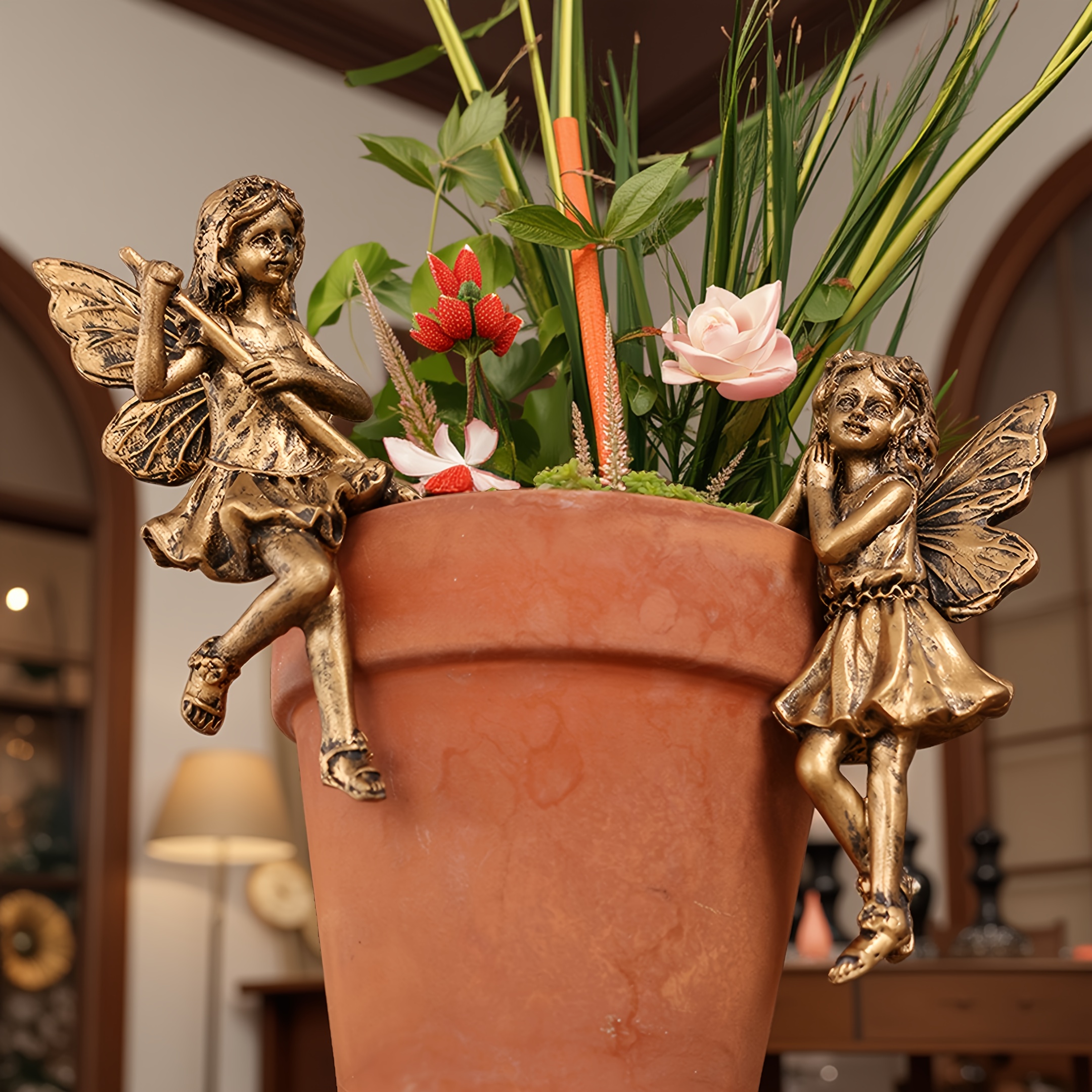 Image of 2pcs Creative Copper Fairy, Gardener Flower Fairy, Outdoor Garden Bonsai Decoration Pendant, , Green Plant Decoration, Hand Drawn Resin Crafts