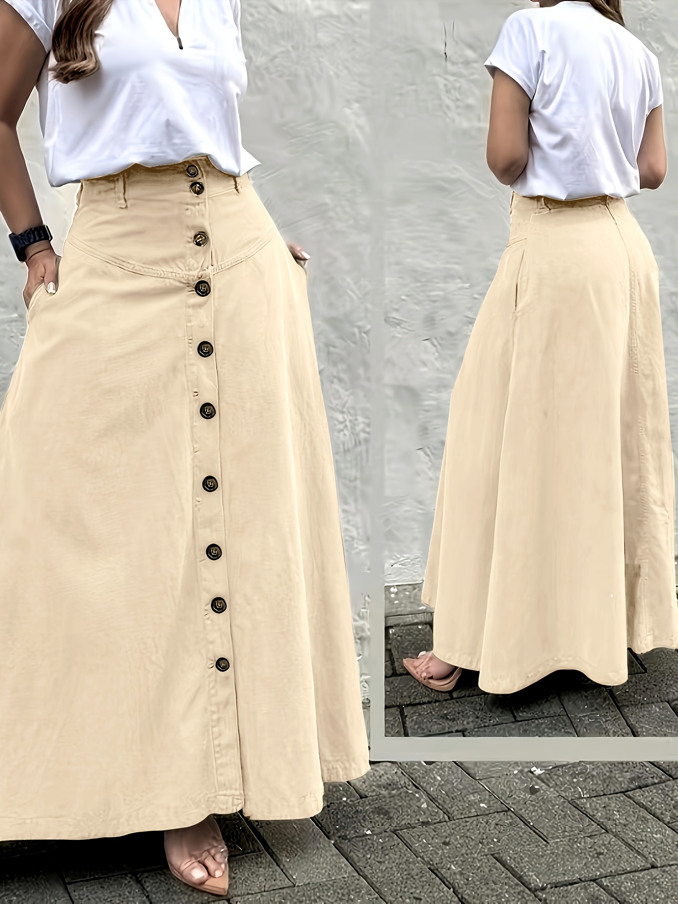 Women's Elegant Solid Color High Waist Mid-Long Skirt, Fashionable and Practical with Pockets and Button Front Slit A-line Skirt, Can be Worn in Spring, Summer, Autumn and Winter