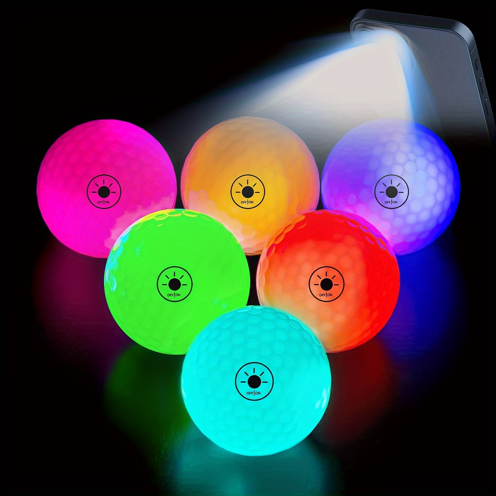 TEMU Thiodoon Glow In The Dark Golf Balls Light Activated Light Up Led Golf Balls No Timer Easy To Turn With Flashlight Glowing Golf Balls For Night Golfing 6 Pack