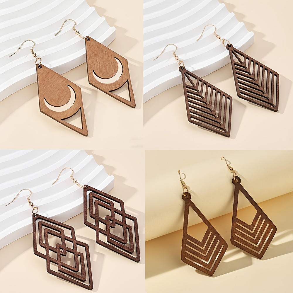 4 Pairs Vintage Brown Wooden Women's Earrings Set