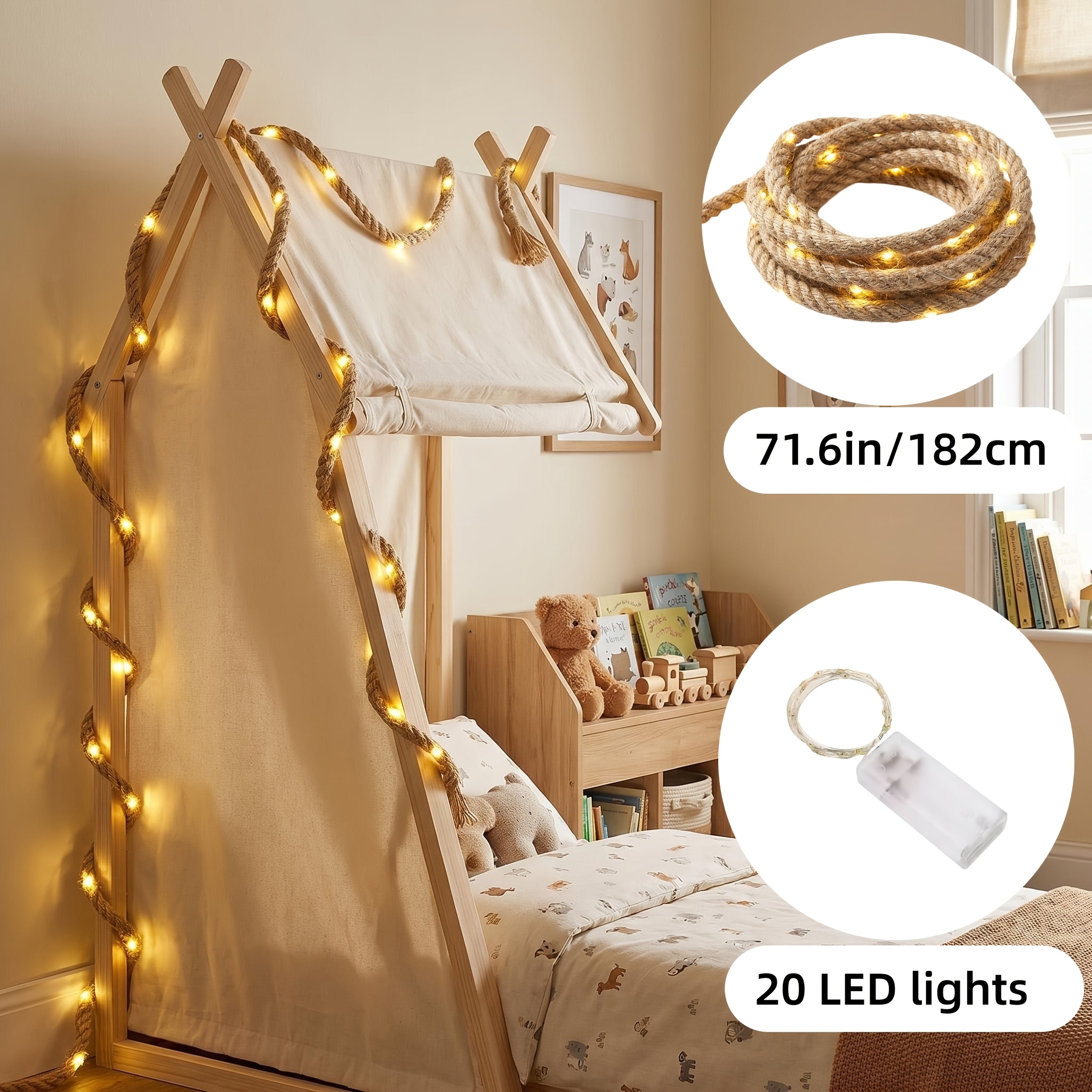 TEMU Hemp Rope Led String Lights, 1.82m Hemp Rope   20 Led Lights, Warm White, Battery Powered (batteries Not Included), Indoor Decorative Lights.