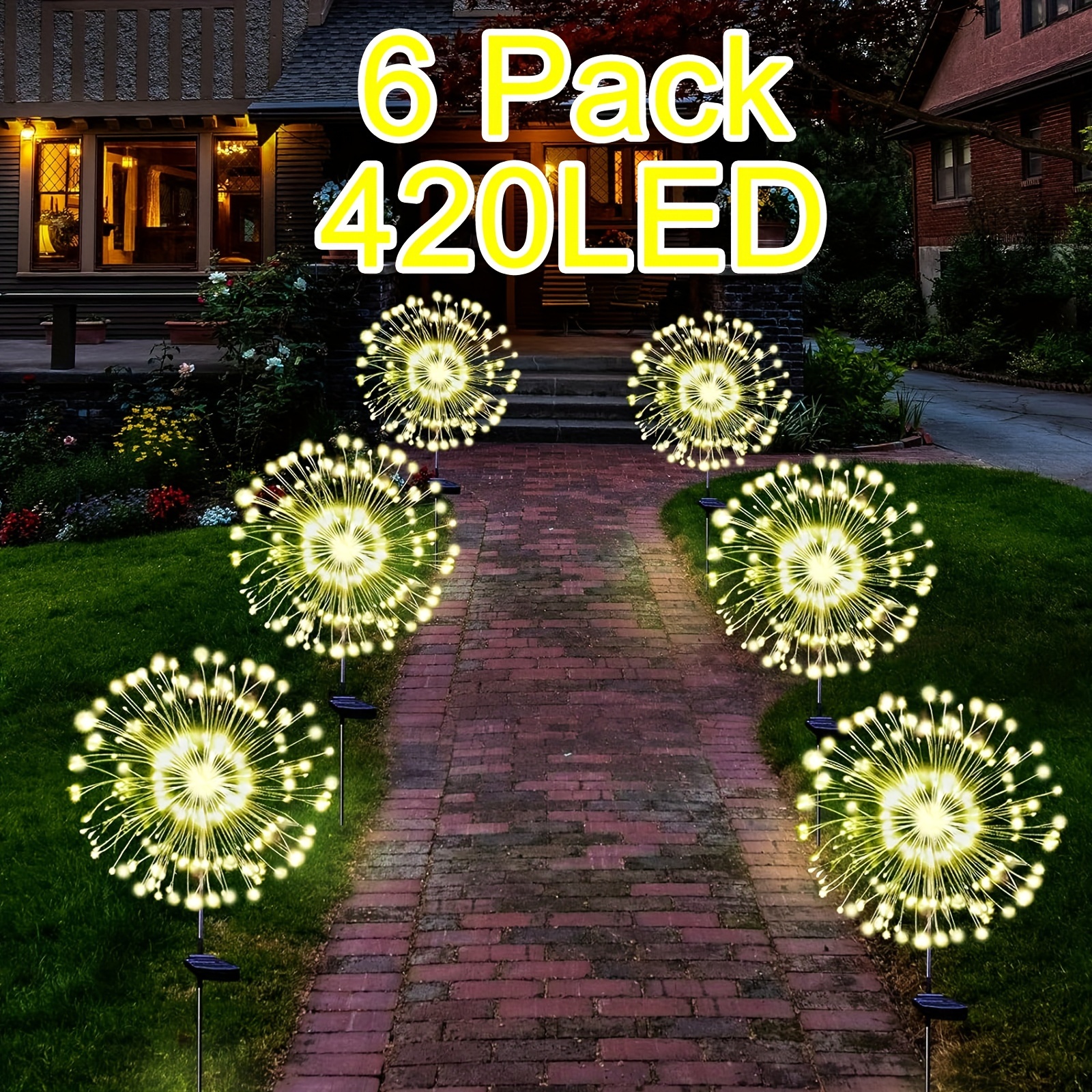 

6 Packs, Solar Lights Outdoor Ip65 Waterproof 6 Pack Solar Powered Firework Stake Lights 420 Led Sparklers Solar Outside Lights For Yard Pathway Flowerbed Decor (colorful, Yellow)