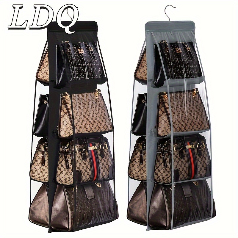 

8-pocket Polyester Handbag Storage Organizer - All-in-one Closet Hanging Purse Holder, Space-efficient, Foldable Design With Transparent Windows