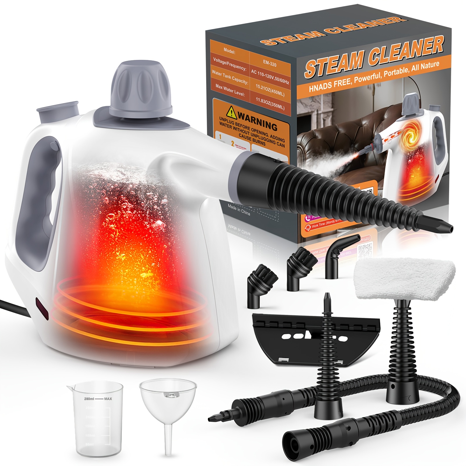 TEMU Multipurpose Steam Cleaner, 450ml Powerful Handheld Steamer For Cleaning, 30s & 15min , With 12pcs Accessories For Home, Kitchen, Bathroom, Car,