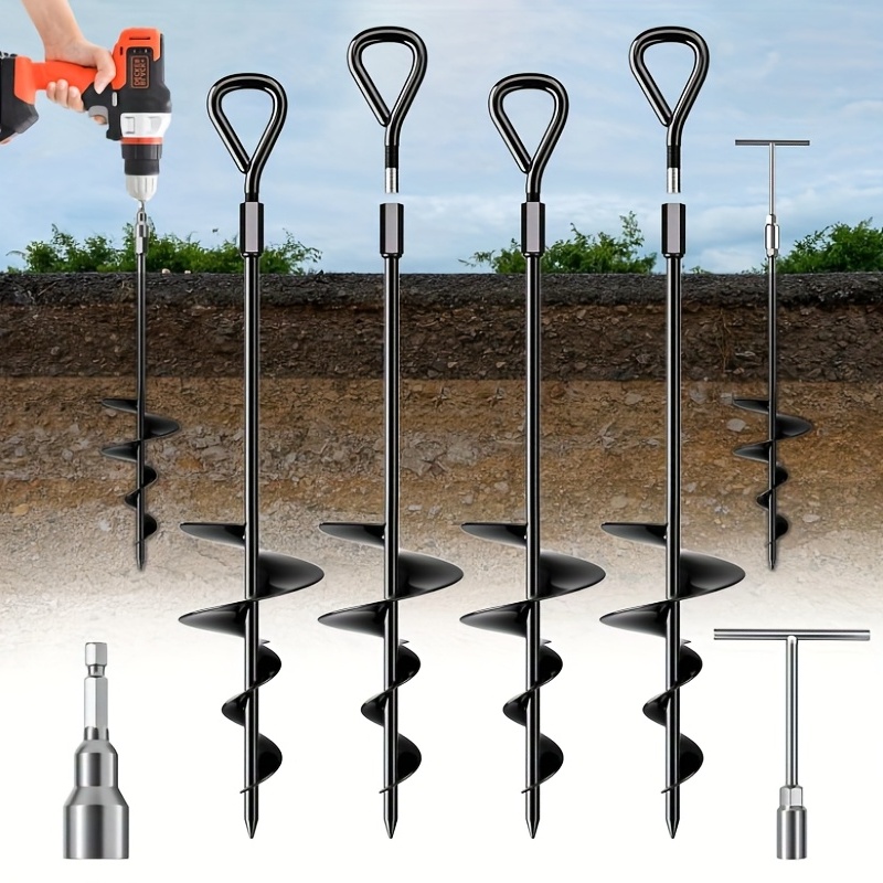 TEMU 4-pack 18.7 Inch Spiral Earth Anchor Heavy-duty Spiral Earth Anchor, For Tents, Trampolines, Outdoor Ground Stakes, Garden Pegs And Secure