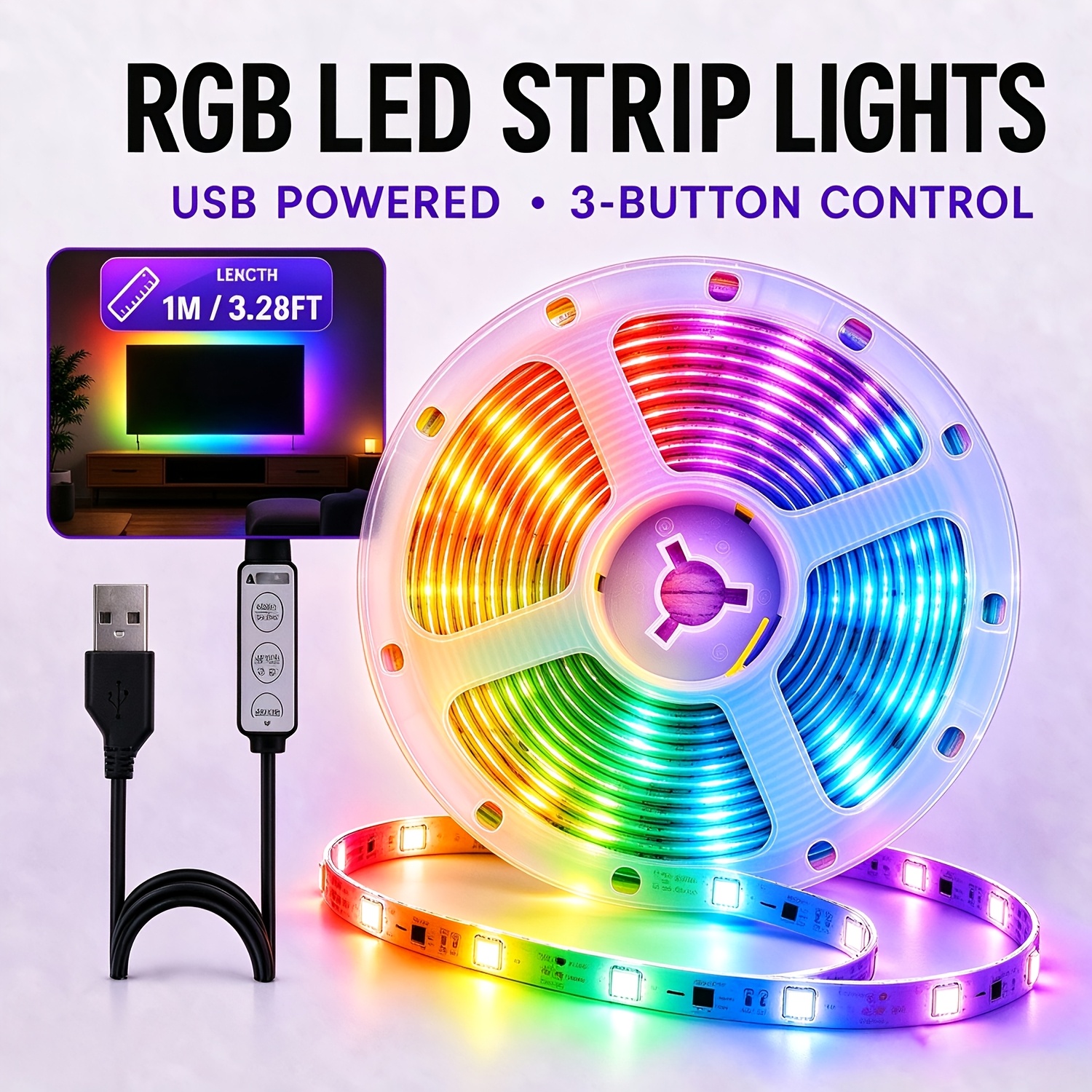 TEMU Usb-powered Rgb Led Strip Lights Compatible For Tv Backlight, Dimmable Color-changing Lights With 3-button Control, Usb For Gaming Setup,, Rgb