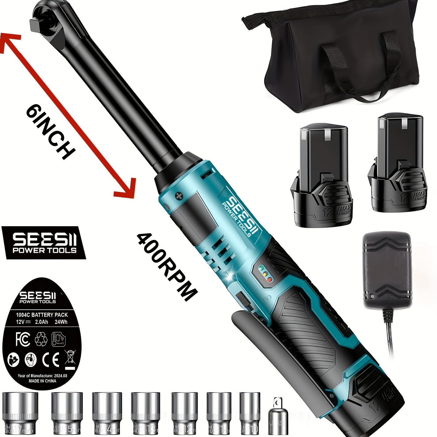 Seesii 3/8" 90n.m 200rpm Variable Speed Cordless Ratchet Wrench With 2 X 21v Batteries - 7 Sockets, 1/4" And 1/2" Adapter, 3" Extension Bar Included