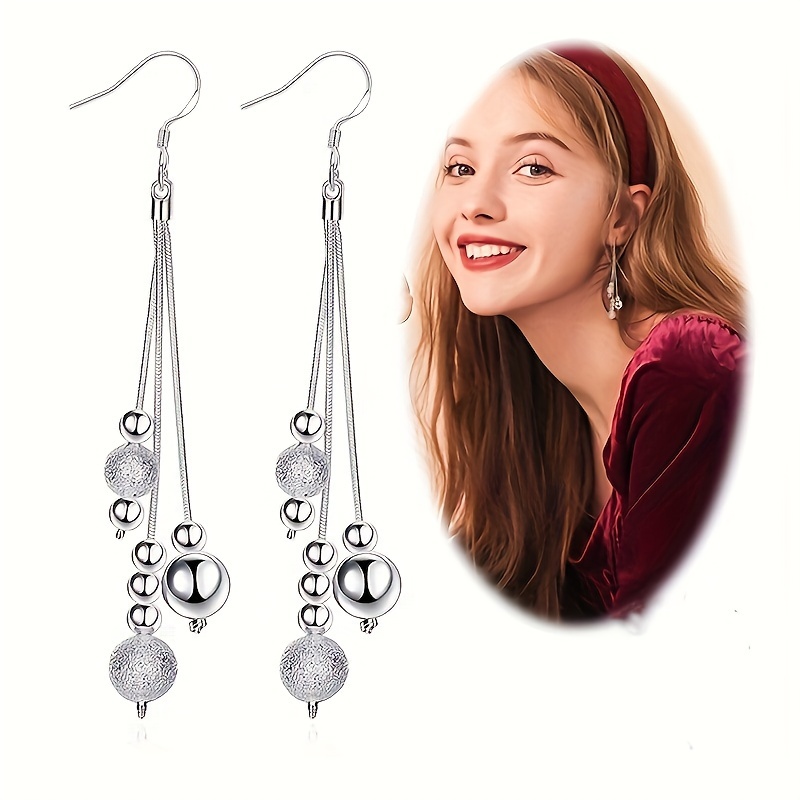 

Silvery Chain Tassel With Ball Decor Dangle Earrings Elegant Style Copper Silver Plated Jewelry Daily Casual