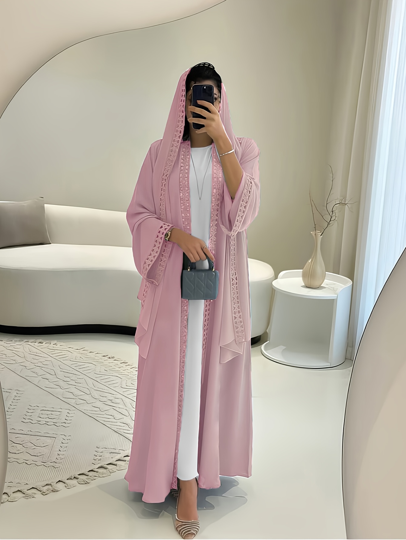   for regular fit open robe set with lace sleeveless slip dress and chiffon headscarf lightweight easy and breathable arab clothing