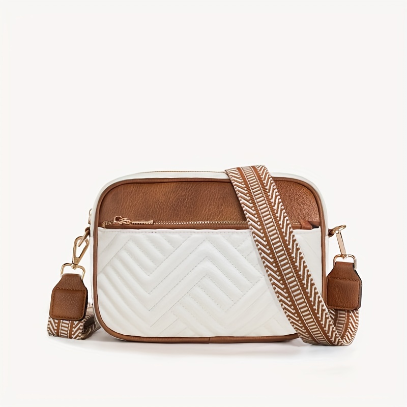 

Simple Colorblock Mini Square Zipper Shoulder Bag, Quilted Detail Shoulder Bag With Wide Strap