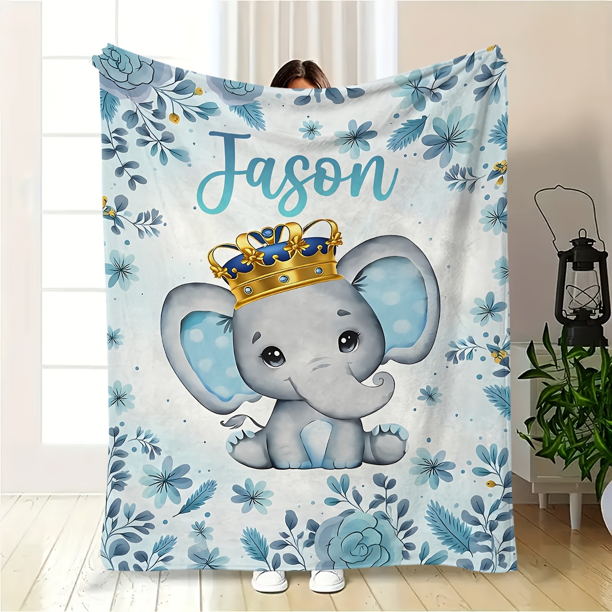 Custom Name Blue Rhyme Crown Baby Elephant Blanket