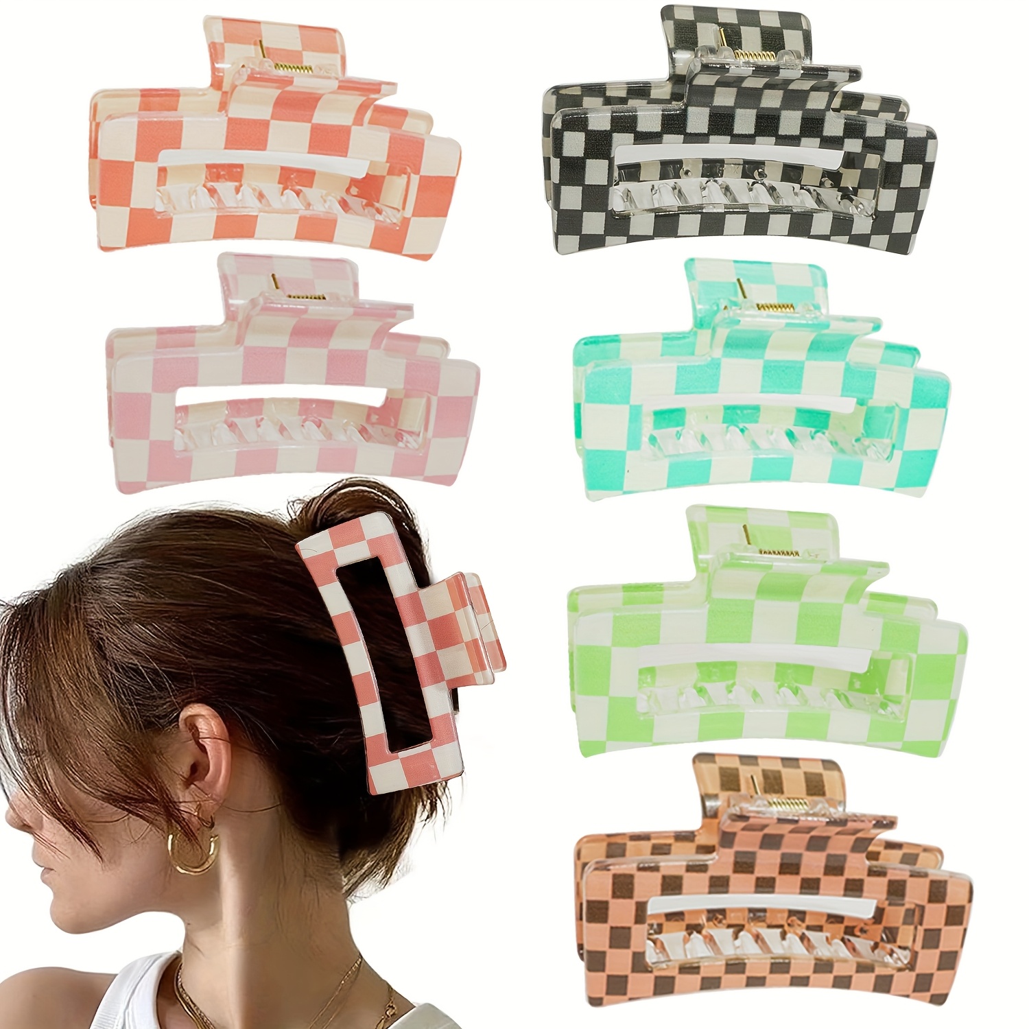 6pcs Elegant Check Pattern Hair Clips for Women - Large Square Grid Pins with Shark Teeth Design, Non-Slip Styling Clips for Thick & Thin Hair, Perfect for Buns & Waves, Stylish Hair Accessories | Check Pattern Design | Plastic Construction, Hair Clip