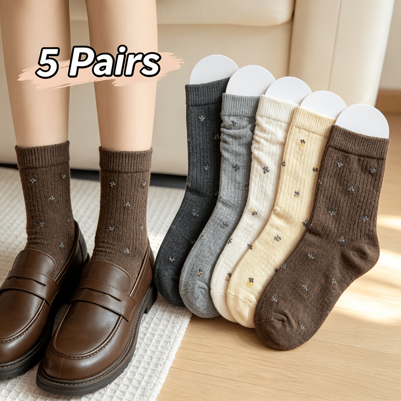 TEMU 5 de calcetines tobilleros de colección de otoño, estilo de lujo, diseño artístico coreano con patrones de estrella; calcetines pantorrilla
