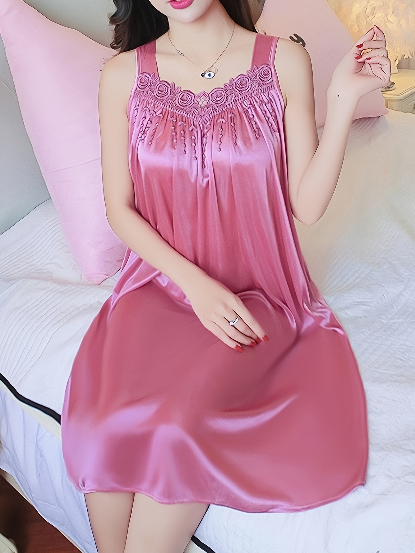 Plus Size Women's Sexy Sleeveless Spaghetti Strap Sleep Dress - Lightweight Ice Sliky Fiber Mid-Length Nightgown, Vibrant Red Non-See-Through Summer Pajama & Lounge Wear