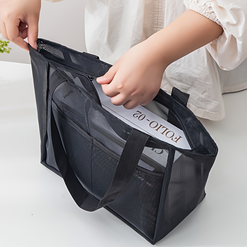 TEMU Mesh Tote Bag, Large Capacity Nylon Breathable Shopping Bag, Lightweight Foldable Beach Tote With Handles For Outdoor Market