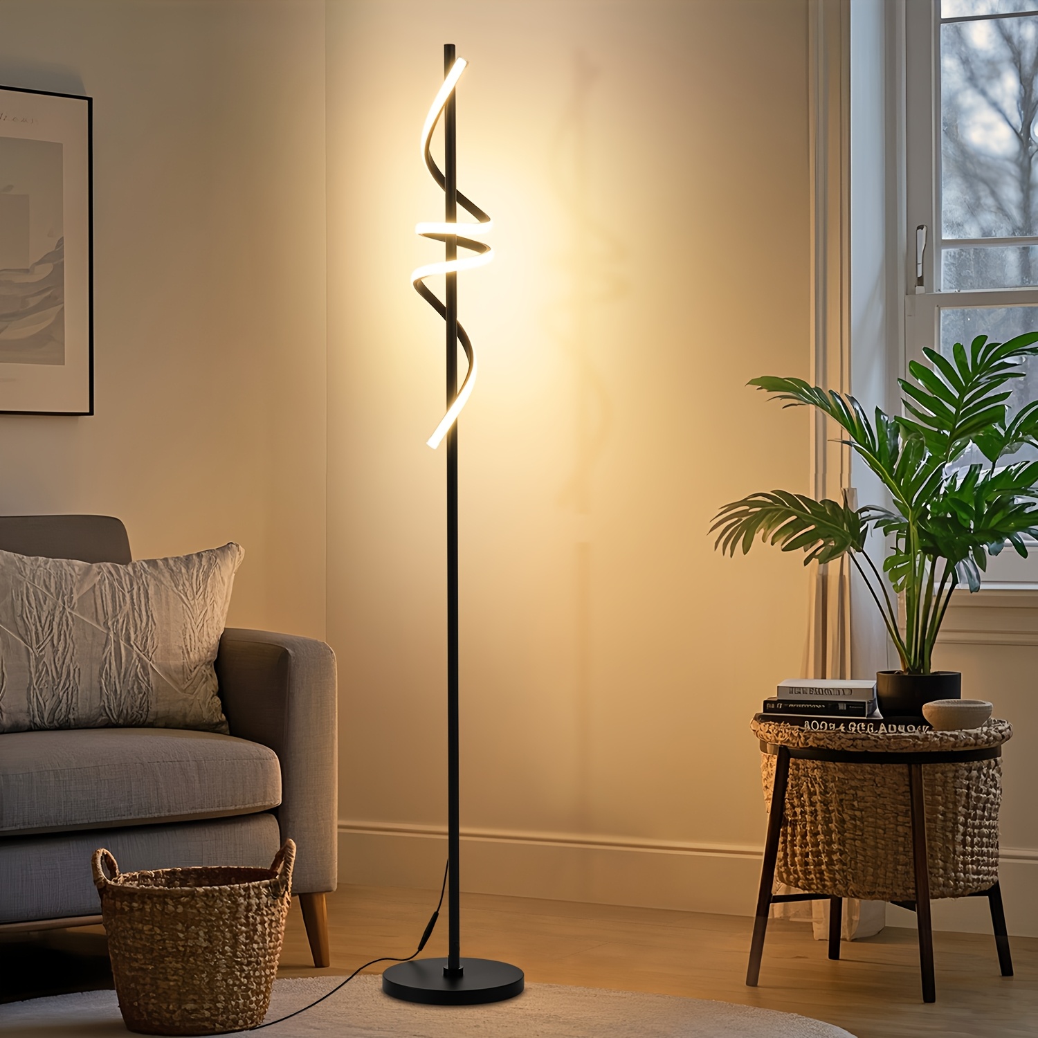 Led Floor Lamp Living Room Dimmable, Led Spiral Modern Black With Remote Control Dimmable Floor Lamp For Living Room, Bedroom And Children's Room