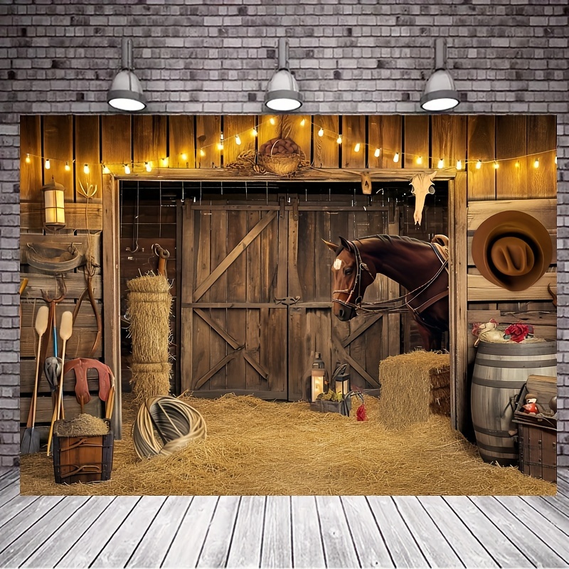 

1pc Western Cowboy Backdrop Rustic Barn Door Farmhouse Wooden Stable Brown Country Wild West Horse Vintage Plank Cow Man Decorations Photography Background Banner Photo Booth Studio
