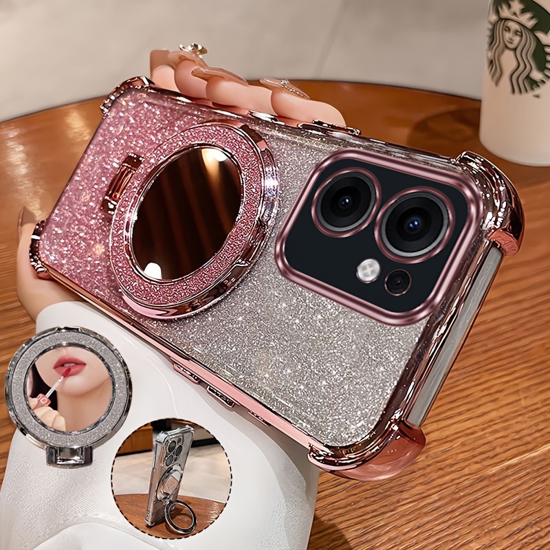 TEMU Phone Case: Fashion Glitter Plating Phone Case & Shiny Makeup Mirror Phone Holder Suitable For Oppo Reno13f Shockproof & Scratch Resistant Back