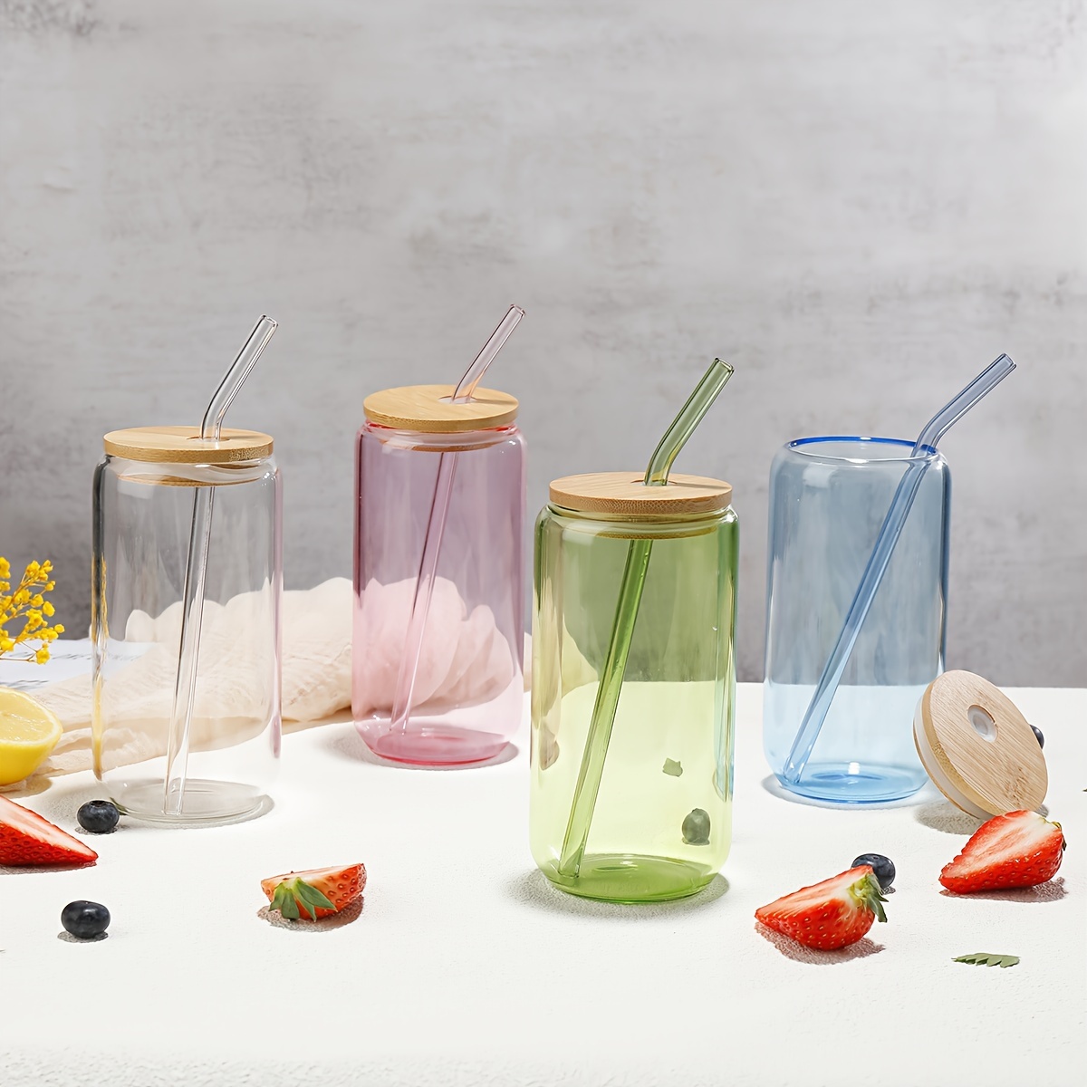 4pcs glass with lid straw bamboo lid straw drink cup   coffee cup household glass   proof with lid strong and durable reusable christmas gift Product details 0