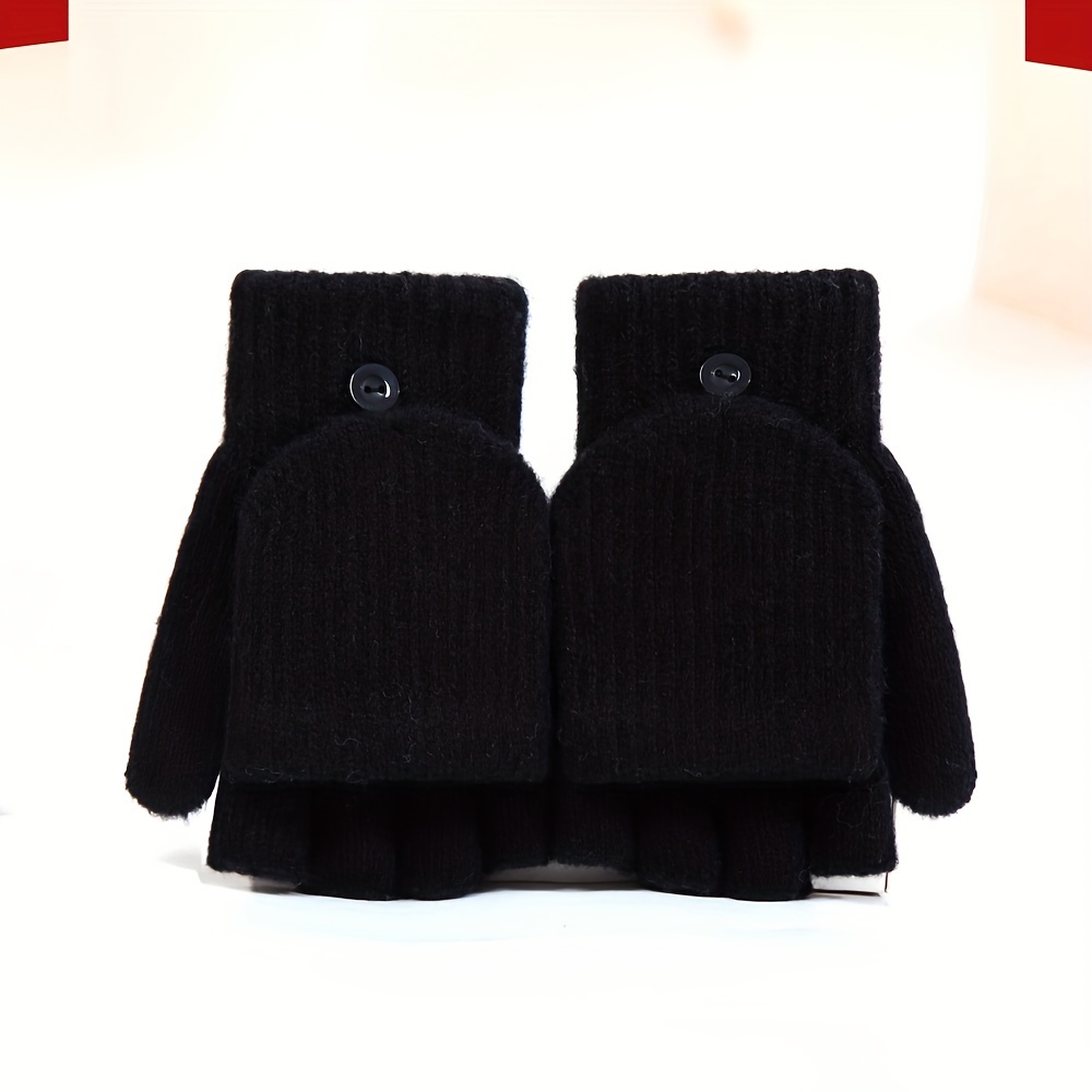 Image of New Autumn And Winter 's Jacquard Split Finger Gloves, Warm And Plush Thick Solid Color Writing Half Finger Flip Gloves For Boys And Girls, 5