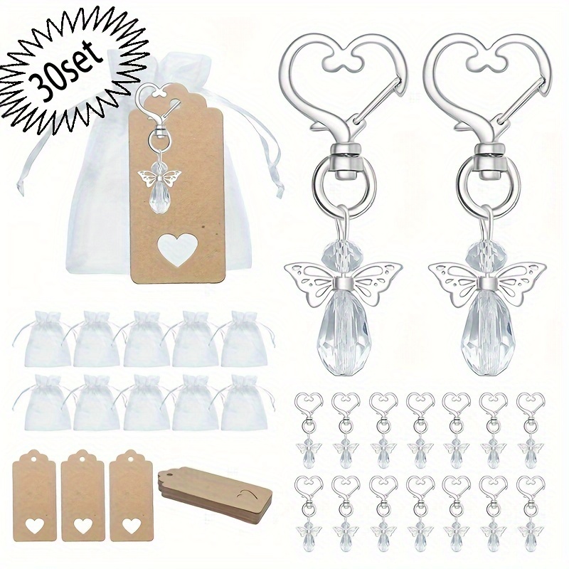 30 Silvery Wing Pendants, Heart-shaped Keychains, Including 30 Keychains, 30 Thank You Cards And Gauze Bags, Suitable For Baptism Gifts, Weddings, And First Communion